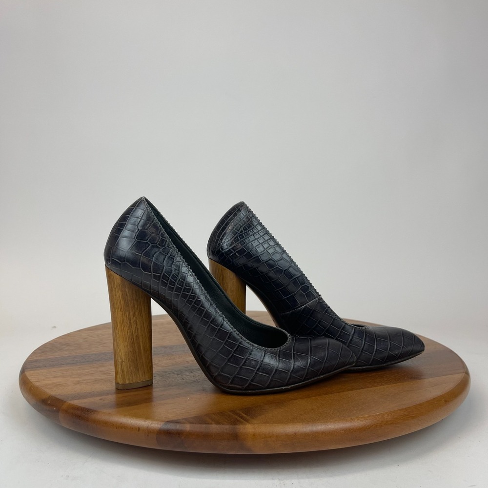 Womens YSL Saint Laurent Dark Gray Croc Print Leather Block Heels Size 36 US 6